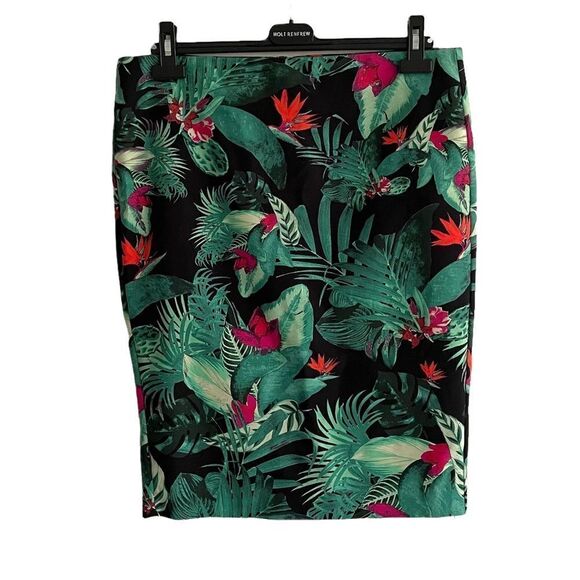 LORD & TAYLOR Tropical Print Knee Length Pencil Skirt Black Green Red Pink 12 - Picture 1 of 6
